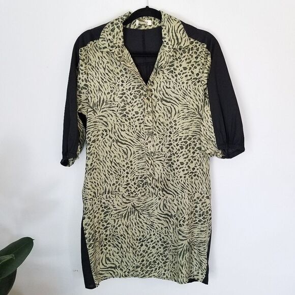 Cache Vintage 100% Silk Animal Print 1/2 Sleeve Long Line Tunic Top Blouse - Picture 1 of 9